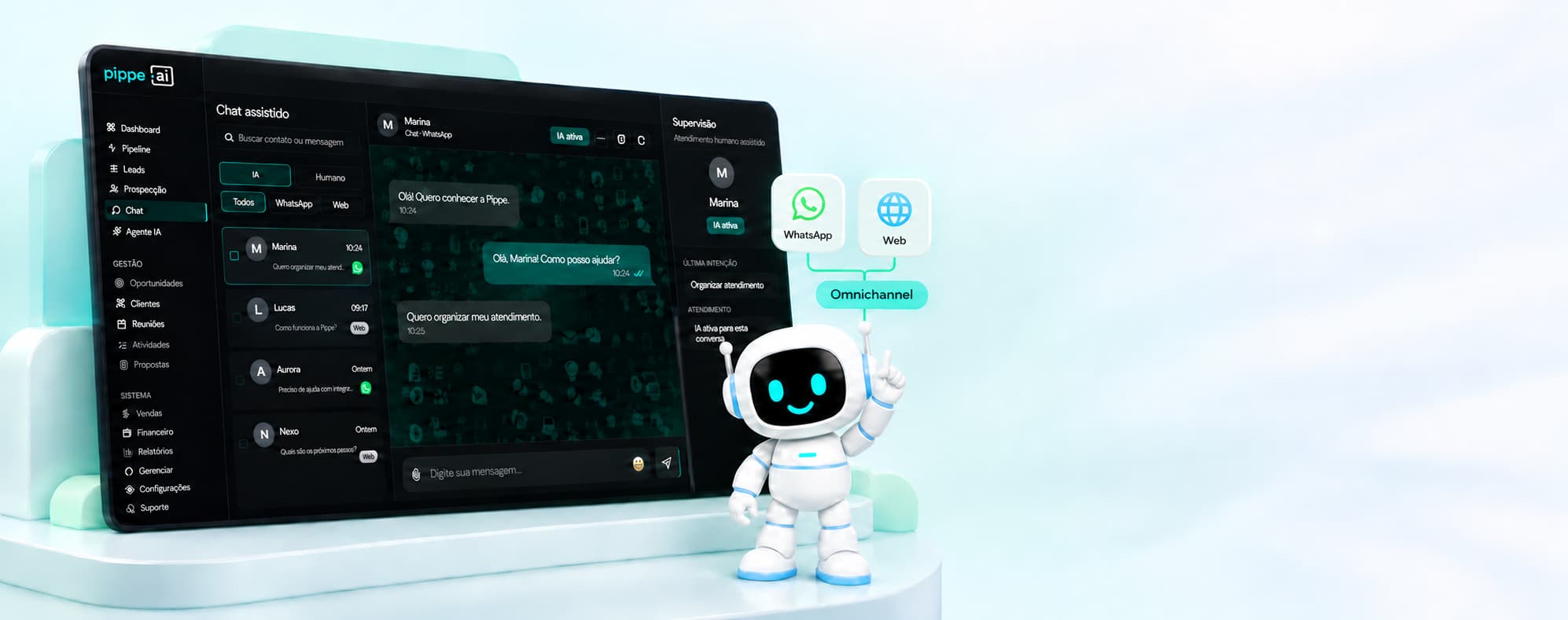 CRM da Pippe centralizando conversas do WhatsApp e do site com atendimento por IA e supervisão humana