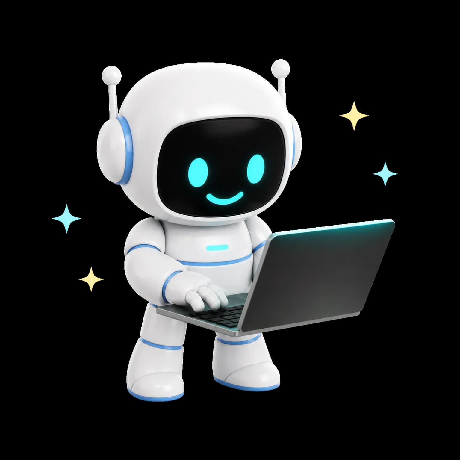 Pepinho usando um notebook cercado por estrelas